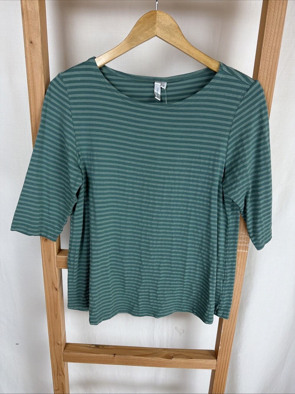 NWT Kleen Oregano Green Cotton Blend 3/4 Sleeve Striped Top #0834 Small